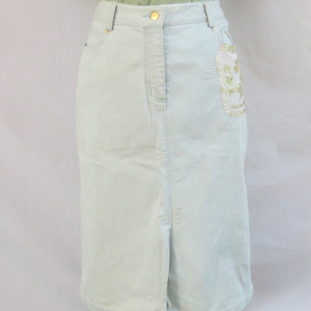 NEW 90s Spanner Skirt Acid Wash Denim Cotton Sequin Detail Stretch Midi Size 10